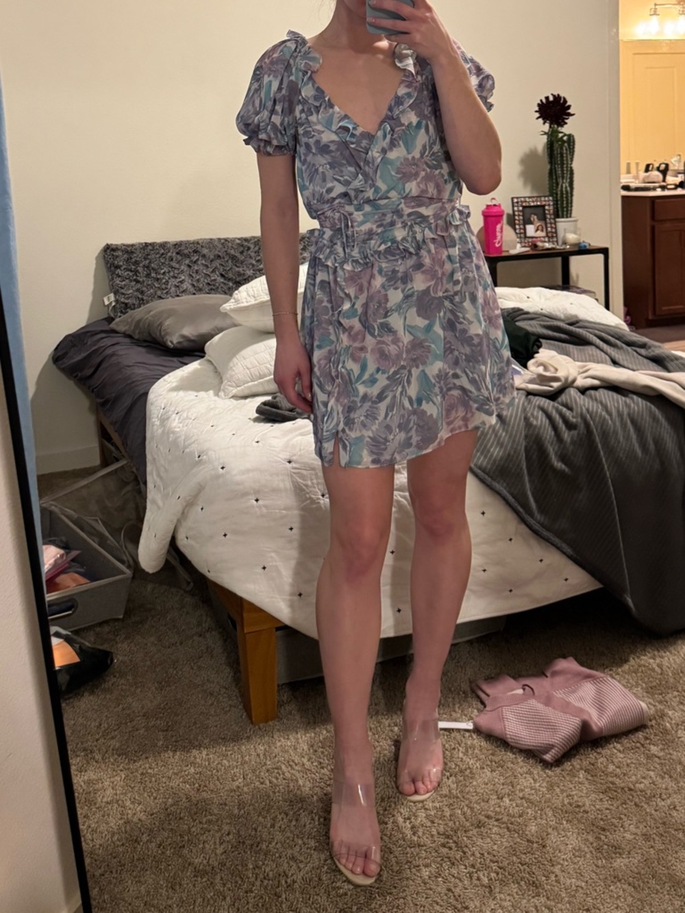 For Love & Lemons Pastel Blue and Lilac Floral Wrap Mini Dress